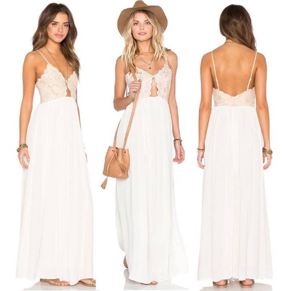 Tularosa Spaghetti Straps V-Neckline Bryce Slip Maxi Dress White Women's Size L - Picture 1 of 8